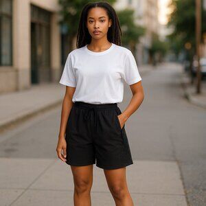 NWT MICHAEL CARRIE SZ M High Waisted Wide Leg Black Waffle Textured Shorts